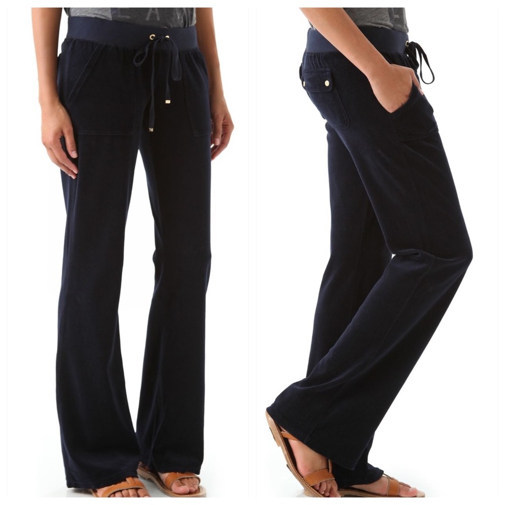 Juicy couture pants womens Petite flare Terry backβ flap gold snap pockets Navy